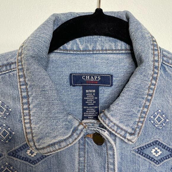 Chaps Vintage Cropped Trucker Denim‎ Jacket Embroidery Detail Collared Blue M - Picture 6 of 11
